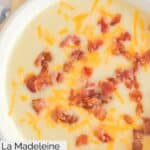 Closeup overhead view of homemade La Madeleine country potato soup.