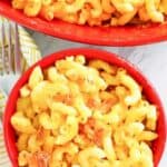 Overhead view of homemade Luby's mac and cheese in a red bowl.