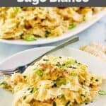 A serving of copycat Macaroni Grill sugo bianco on a white plate.