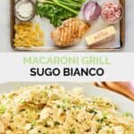 Copycat Macaroni Grill sugo bianco ingredients and the finished dish.