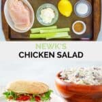 Copycat Newk's chicken salad ingredients and the salad on a sandwich and in a bowl.