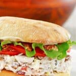 Closeup of a homemade Newk's chicken salad sandwich.