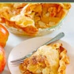 A slice of old fashioned apple pie in front of the pie in a glass pie plate.