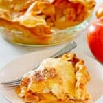 A slice of old fashioned apple pie and a fork on a plate and the pie behind it.