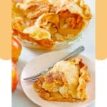 Old fashioned apple pie with top crust in a pie plate and a slice on a plate.