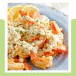 Homemade Olive Garden Classic Shrimp Scampi Fritta on a blue plate.