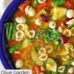 Closeup overhead view of copycat Olive Garden minestrone soup.