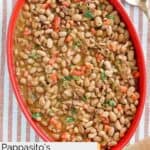 Overhead view of homemade Pappasito's charro beans in a serving dish.