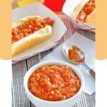 Homemade Sabrett onion sauce in a bowl and on a hot dog.