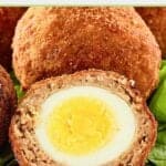 Closeup of Scotch eggs.