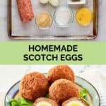 Scotch eggs ingredients and the finished dish.