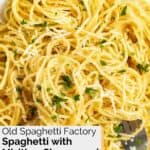 Closeup of homemade spaghetti with mizithra cheese and browned butter.