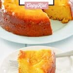 Glazed Bacardi rum cake slice in front of the cake.