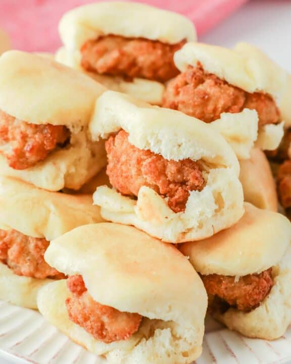 Copycat Chick Fil A chicken minis on a plate.