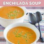Two bowls of homemade Chili's chicken enchilada soup and two spoons.