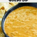 Copycat Chili's skillet queso in a small oblong cast iron skillet.