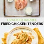Cracker Barrel Fried Chicken Tenders ingredients and the finished dish.
