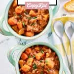 Bowls of crockpot beef stew, spoons, and bread slices.