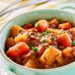 A bowl of crockpot beef stew.