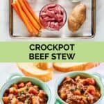 Crockpot beef stew ingredients and the finished stew in bowls.