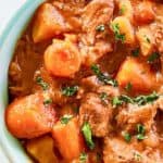 Crockpot beef stew in a large bowl.