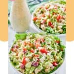 Homemade Cucina Cucina chopped salad in two bowls and a bottle of salad dressing.