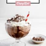 Frozen hot chocolate and a small bowl of chocolate shavings.