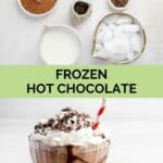 Frozen hot chocolate ingredients and the finished dessert.