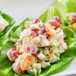 Fruity chicken salad serving on a butter lettuce leaf.