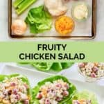 Fruity chicken salad ingredients and the finished salad on a platter.