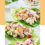 Fruity chicken salad on lettuce leaves on a platter.