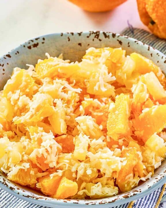 Copycat Luby's Ambrosia fruit salad in a bowl.