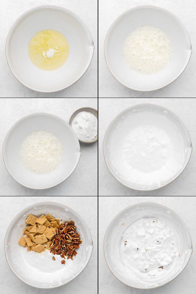Collage of making the filling for copycat Luby's butternut brownie pie.