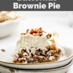 A slice of homemade Luby's butternut brownie pie on a stack of two plates.