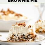 Homemade Luby's butternut brownie pie slice on a plate and the pie behind it.