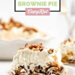 A slice of homemade Luby's butternut brownie pie and the pie behind it.