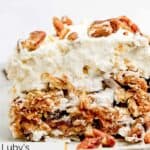 Homemade Luby's butternut brownie pie topped with chopped pecans.