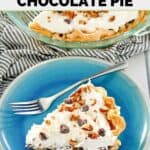 Homemade Marie Callender's German chocolate pie slice on a plate.