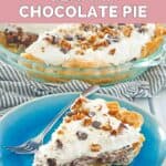 A slice of homemade Marie Callender's German chocolate pie and a fork on a plate.