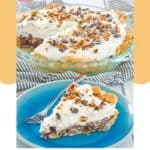 Homemade Marie Callender's German chocolate pie slice and the pie behind it.