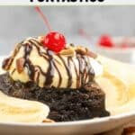 Homemade Olive Garden brownie banana funtastico dessert and a bowl of cherries.