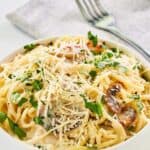 A bowl of homemade Olive Garden pasta carbonara.