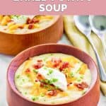 Homemade Panera potato soup in a wood bowl.