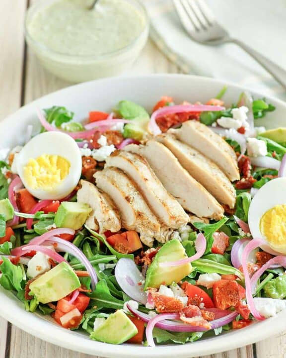 Copycat Panera Bread chicken cobb salad and green goddess dressing.