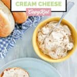 Copycat Panera honey walnut cream cheese spread on bagel slices and in a bowl.
