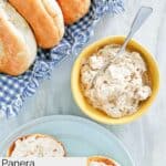 Homemade Panera Bread honey walnut cream cheese in a bowl and on bagel slices.