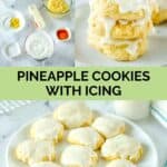 Pineapple cookies ingredients and the finished cookies on a plate.