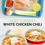Copycat Ruby Tuesday white chicken chili ingredients and the finished chili in bowls.