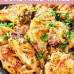 Homemade Anthony's coal fired chicken wings with caramelized onions.