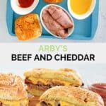 Copycat Arby's beef and cheddar ingredients and the finished sandwich.